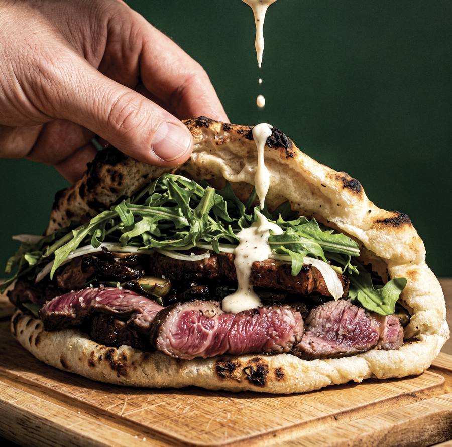 Pan Pino au steak, roquette et sauce fromagère
