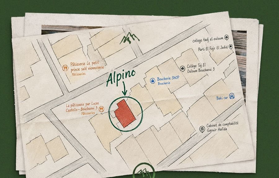Plan dessiné du quartier de Bouchaoui 3 situant Alpino