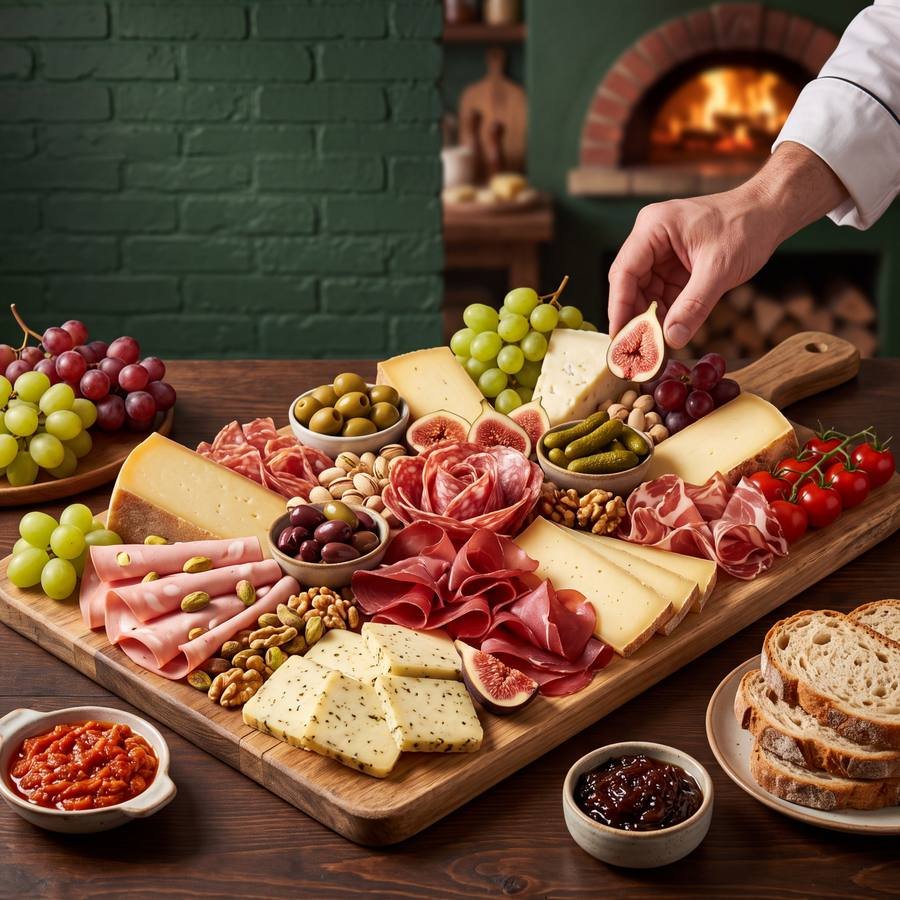 Planche de fromages et charcuteries devant le four à bois