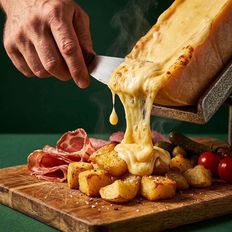 Fromage à raclette fondu versé sur des pommes de terre